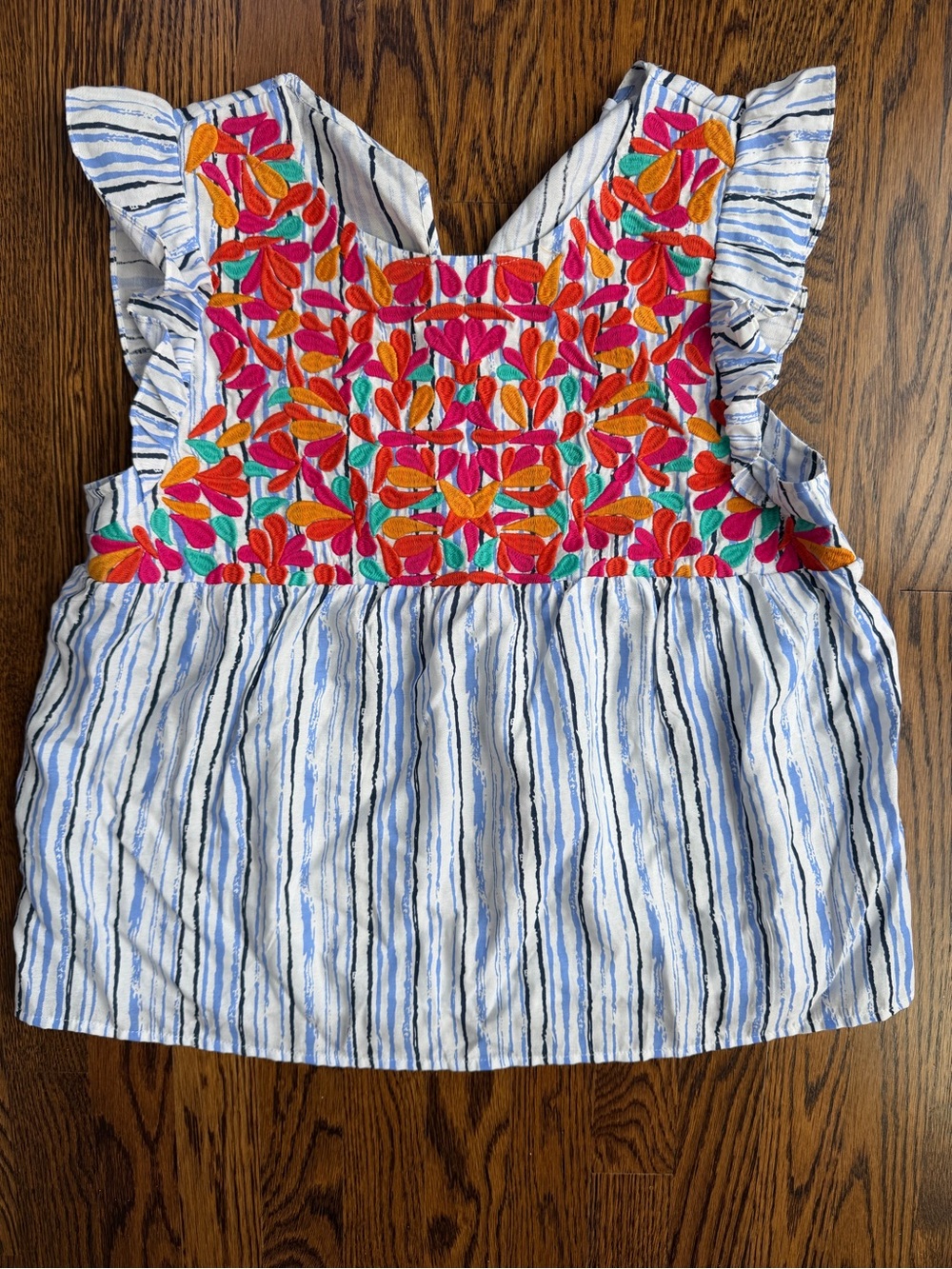 THML Floral Embroidered Cottage Striped Cotton Peasant Flowy Ruffle Sleeve Top